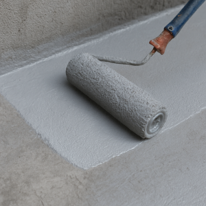 Rubberized waterproofing are applied with a roller