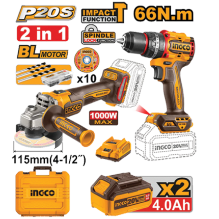 Ingco 20V cordless drill and angle grinder kit